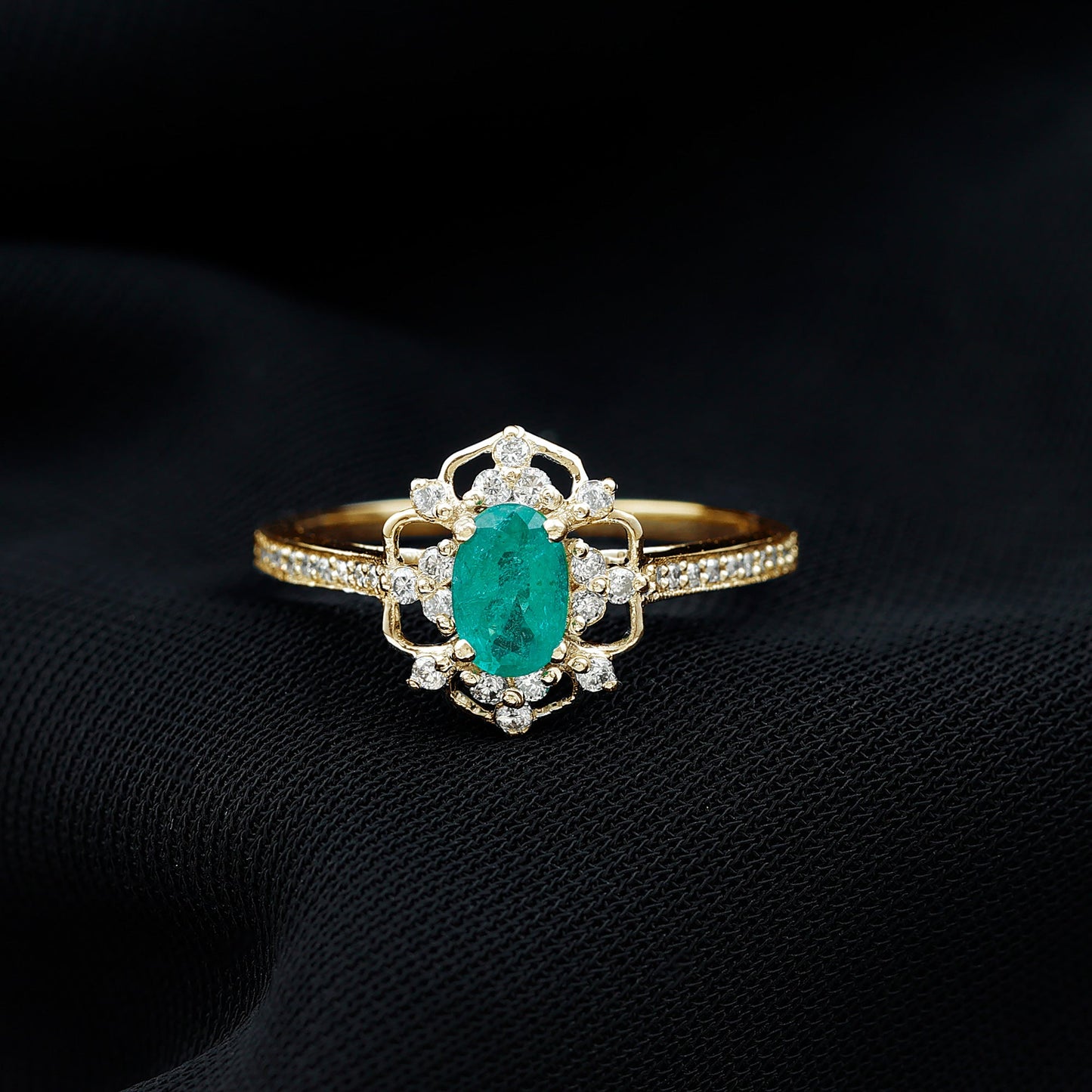 Vintage Style Emerald and Diamond Oval Engagement Ring