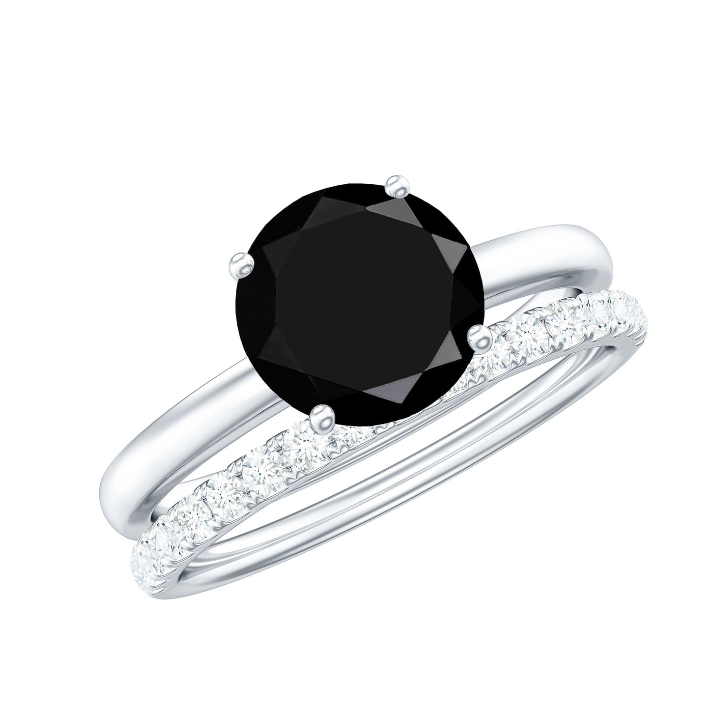 Natural 2 Carat Black Onyx Solitaire Engagement Rings with Diamond Enhancer