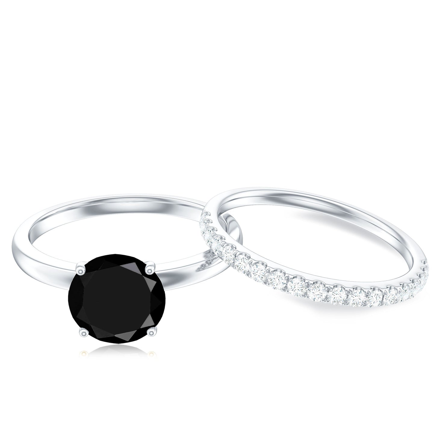 Natural 2 Carat Black Onyx Solitaire Engagement Rings with Diamond Enhancer