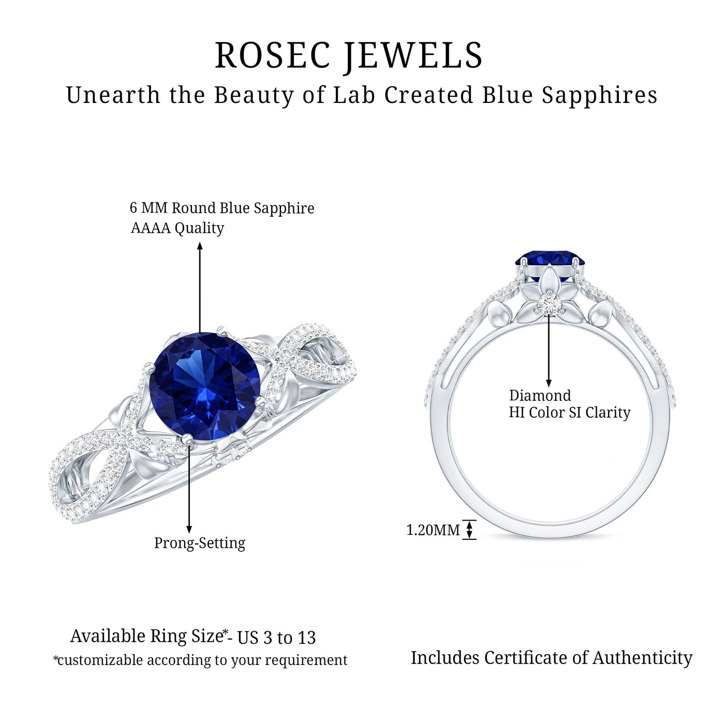 1 Carat Lab Grown Blue Sapphire Engagement Ring with Diamond Crossover Shank