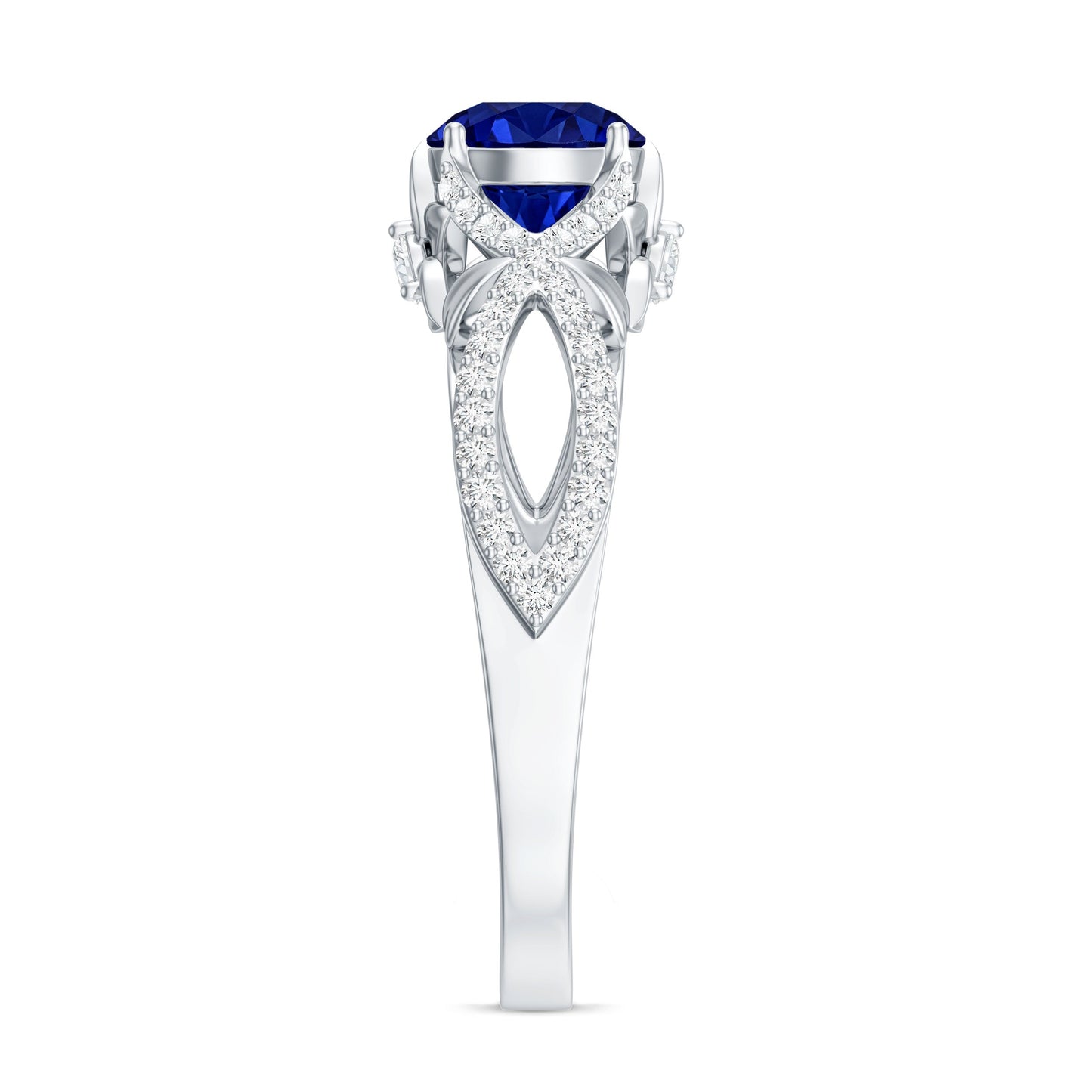 1 Carat Lab Grown Blue Sapphire Engagement Ring with Diamond Crossover Shank