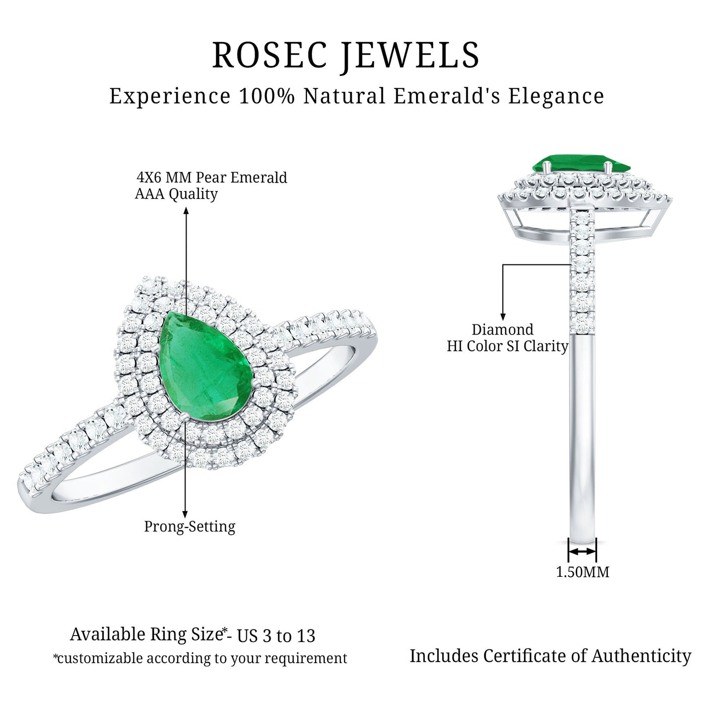 Natural Emerald Teardrop Engagement Ring with Diamond Double Halo