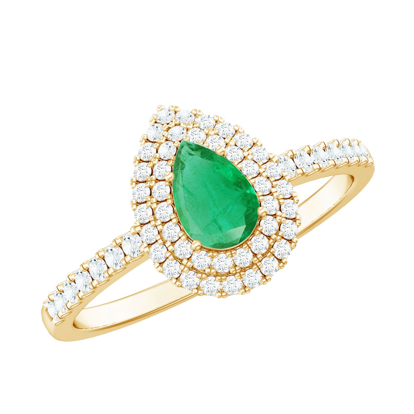 Natural Emerald Teardrop Engagement Ring with Diamond Double Halo