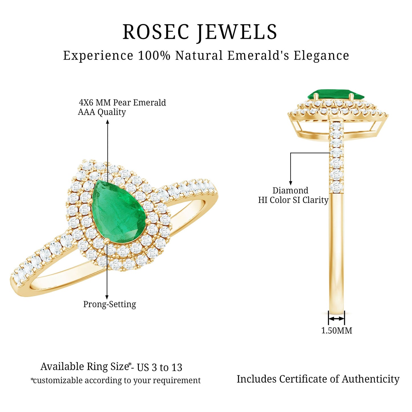 Natural Emerald Teardrop Engagement Ring with Diamond Double Halo