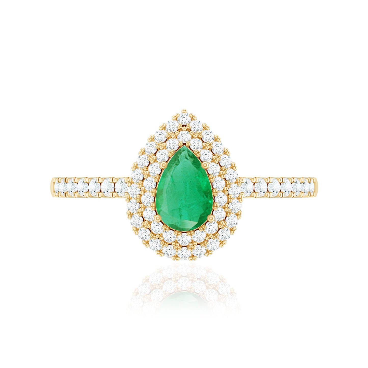 Natural Emerald Teardrop Engagement Ring with Diamond Double Halo