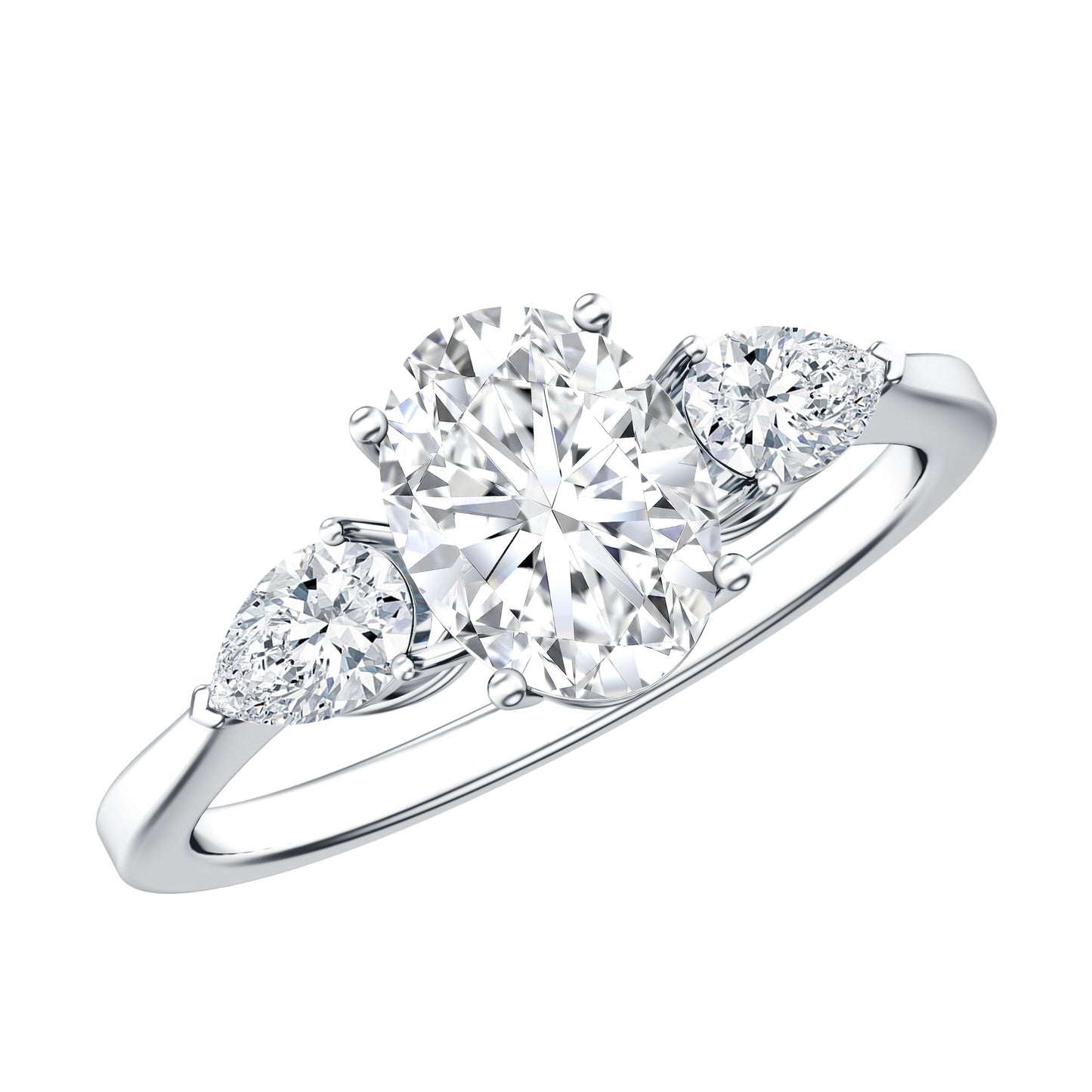 Oval and Pear Cut Moissanite Three Stone Engagement Ring