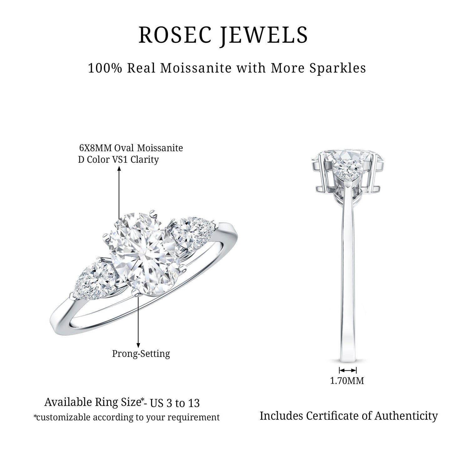 Oval and Pear Cut Moissanite Three Stone Engagement Ring