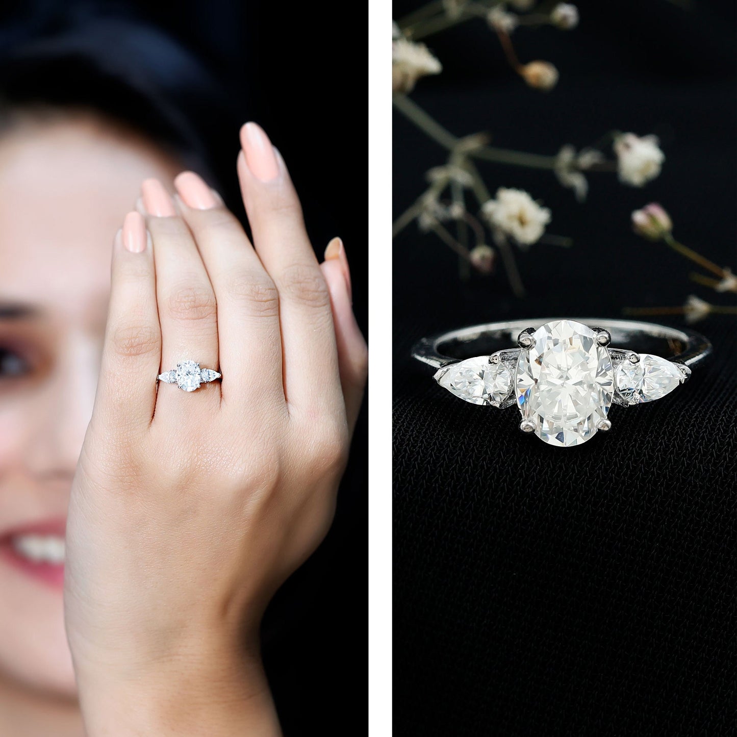 Oval and Pear Cut Moissanite Three Stone Engagement Ring