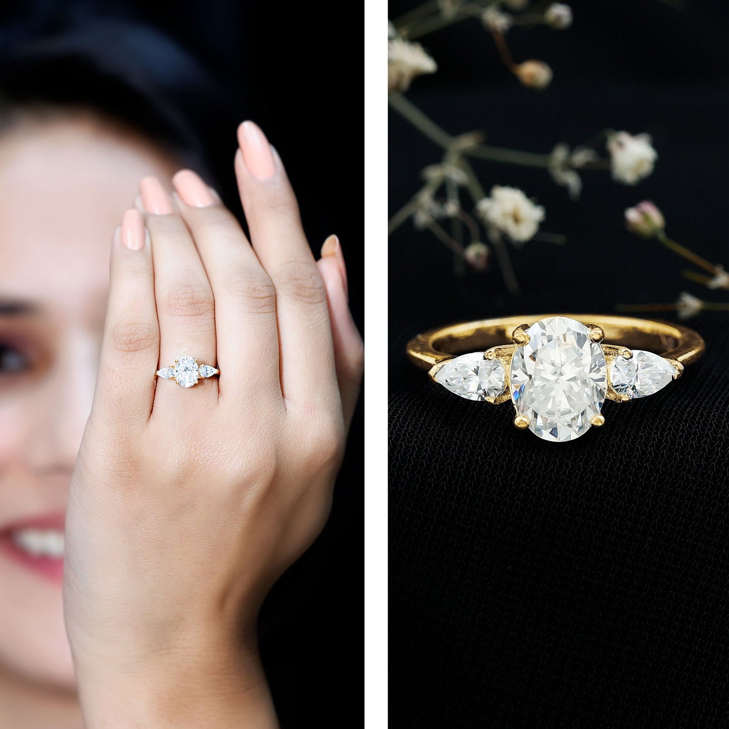 Oval and Pear Cut Moissanite Three Stone Engagement Ring