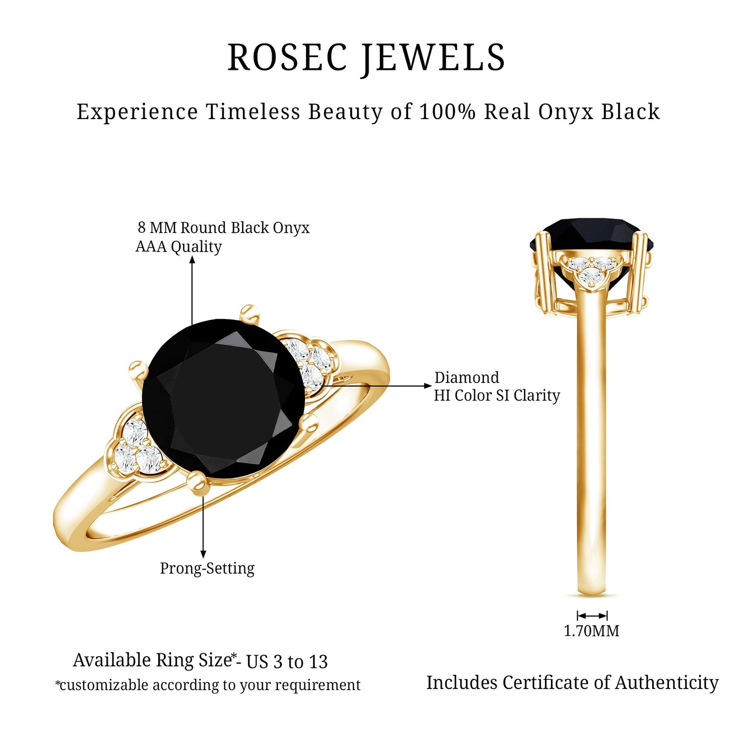 Real Black Onyx Solitaire Engagement Ring with Diamond Trio