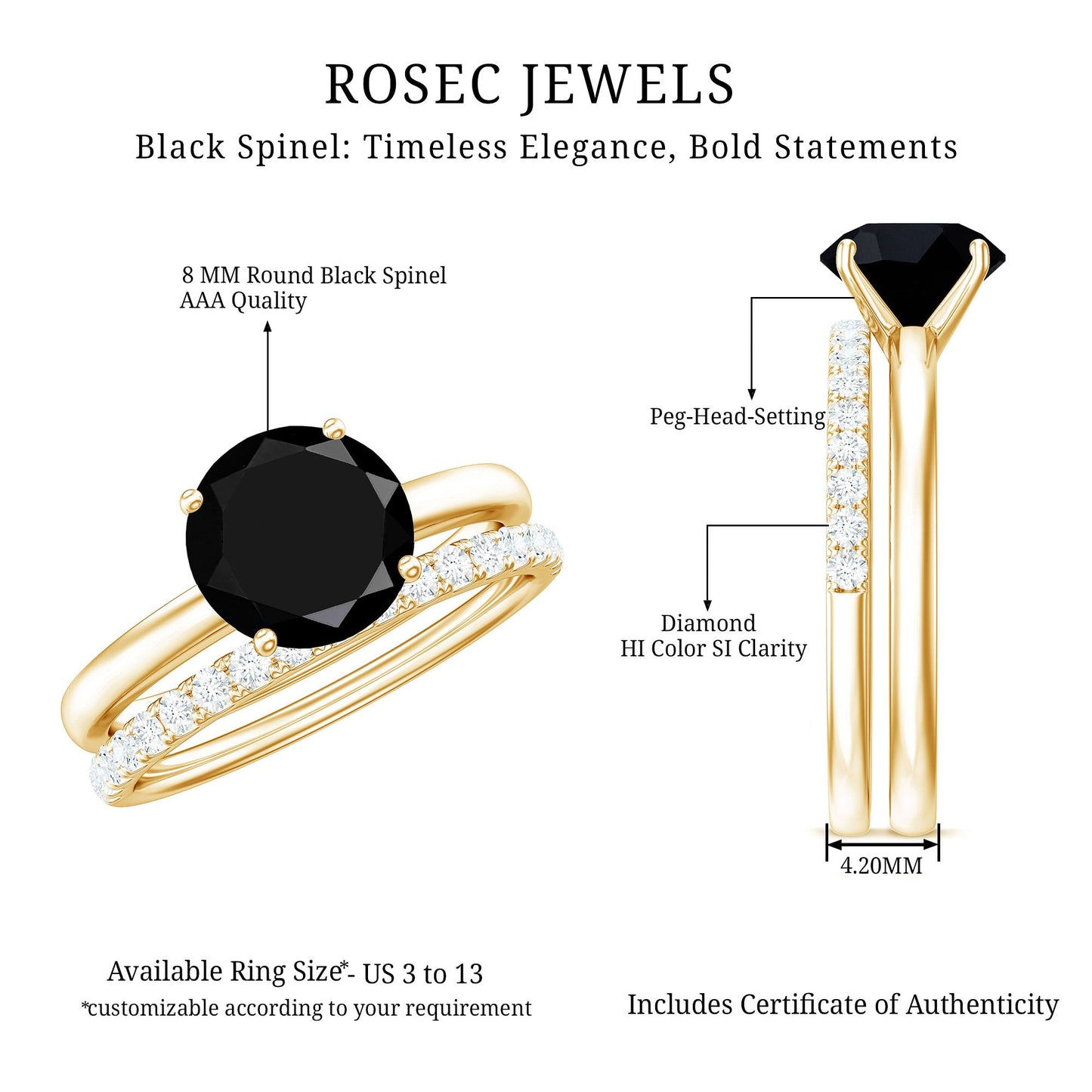 Natural Black Spinel Wedding Engagement Ring Set with Diamond