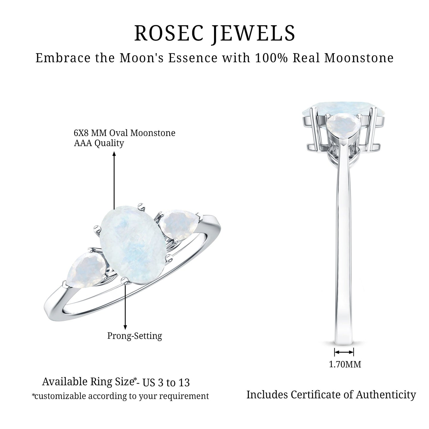 Natural Moonstone Three Stone Engagement Ring