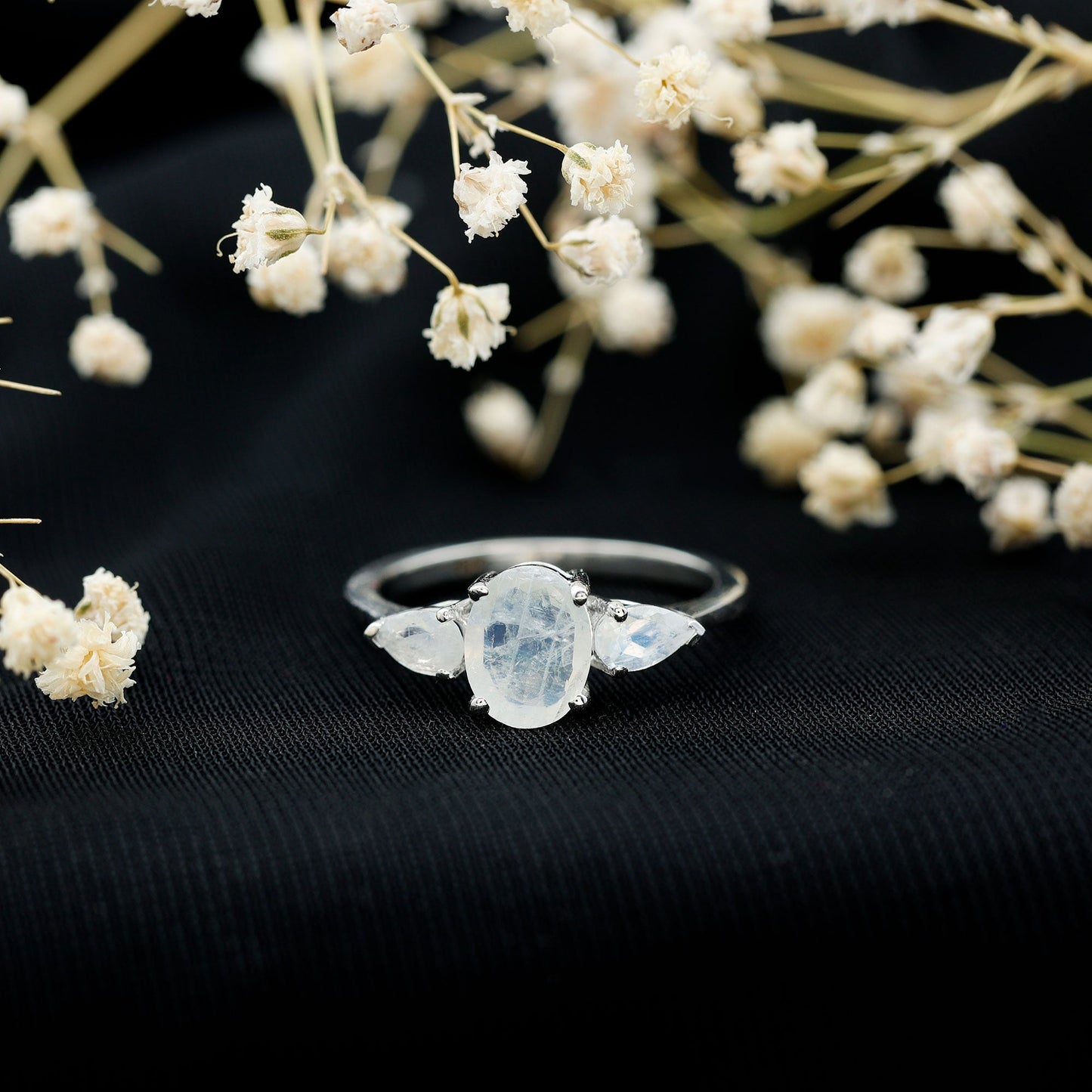 Natural Moonstone Three Stone Engagement Ring