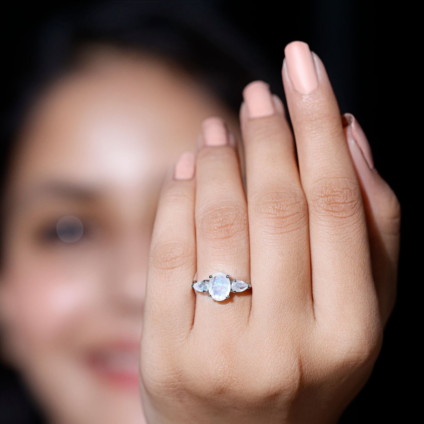 Natural Moonstone Three Stone Engagement Ring