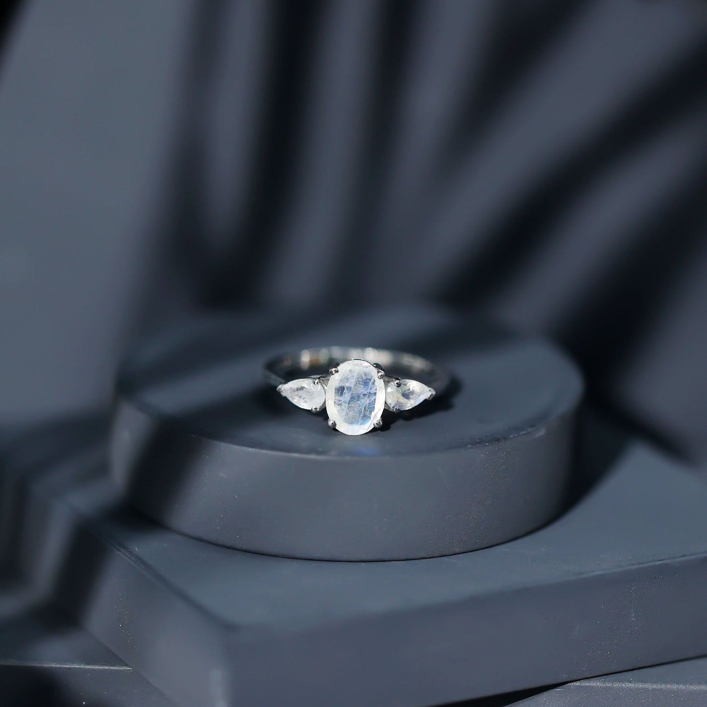 Natural Moonstone Three Stone Engagement Ring