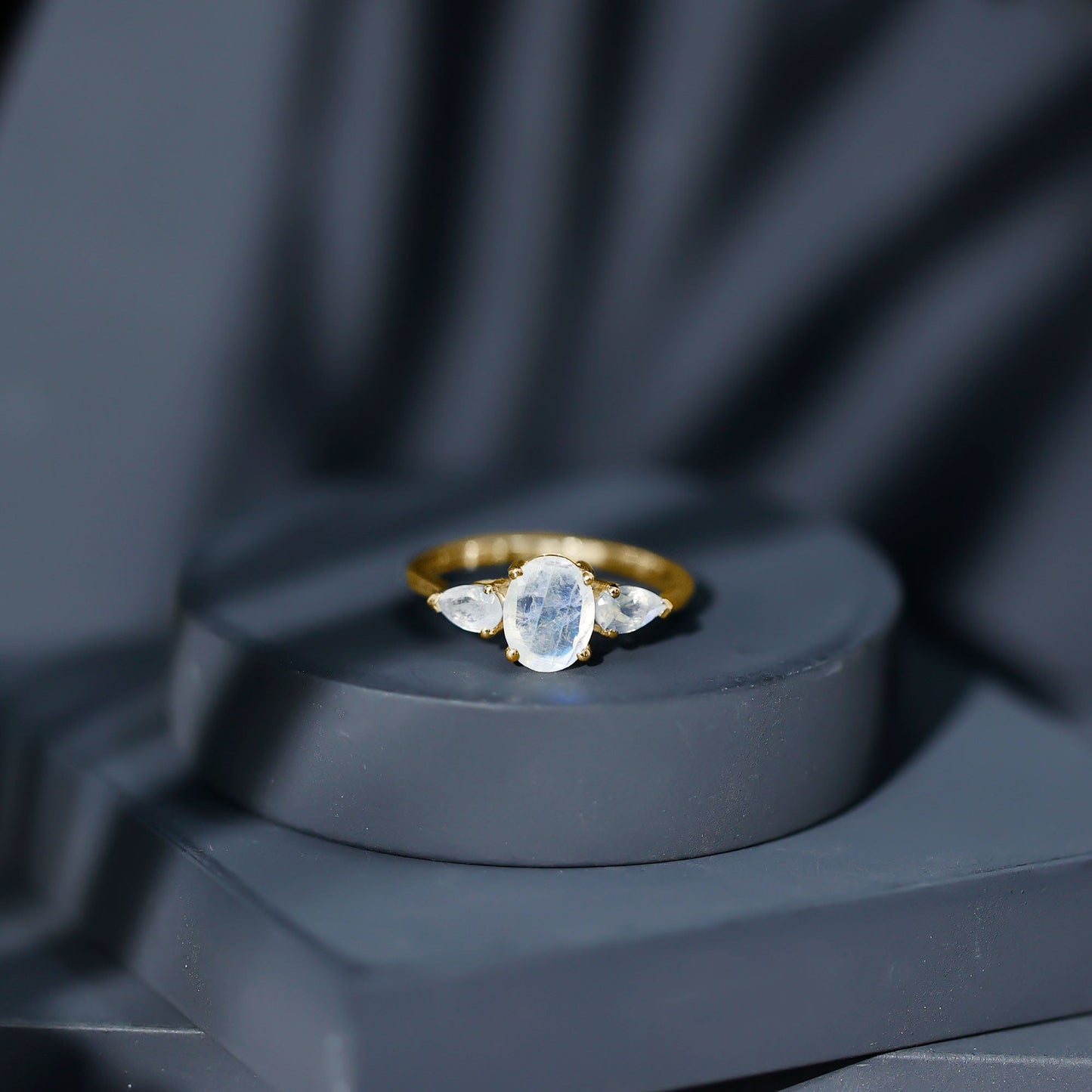 Natural Moonstone Three Stone Engagement Ring