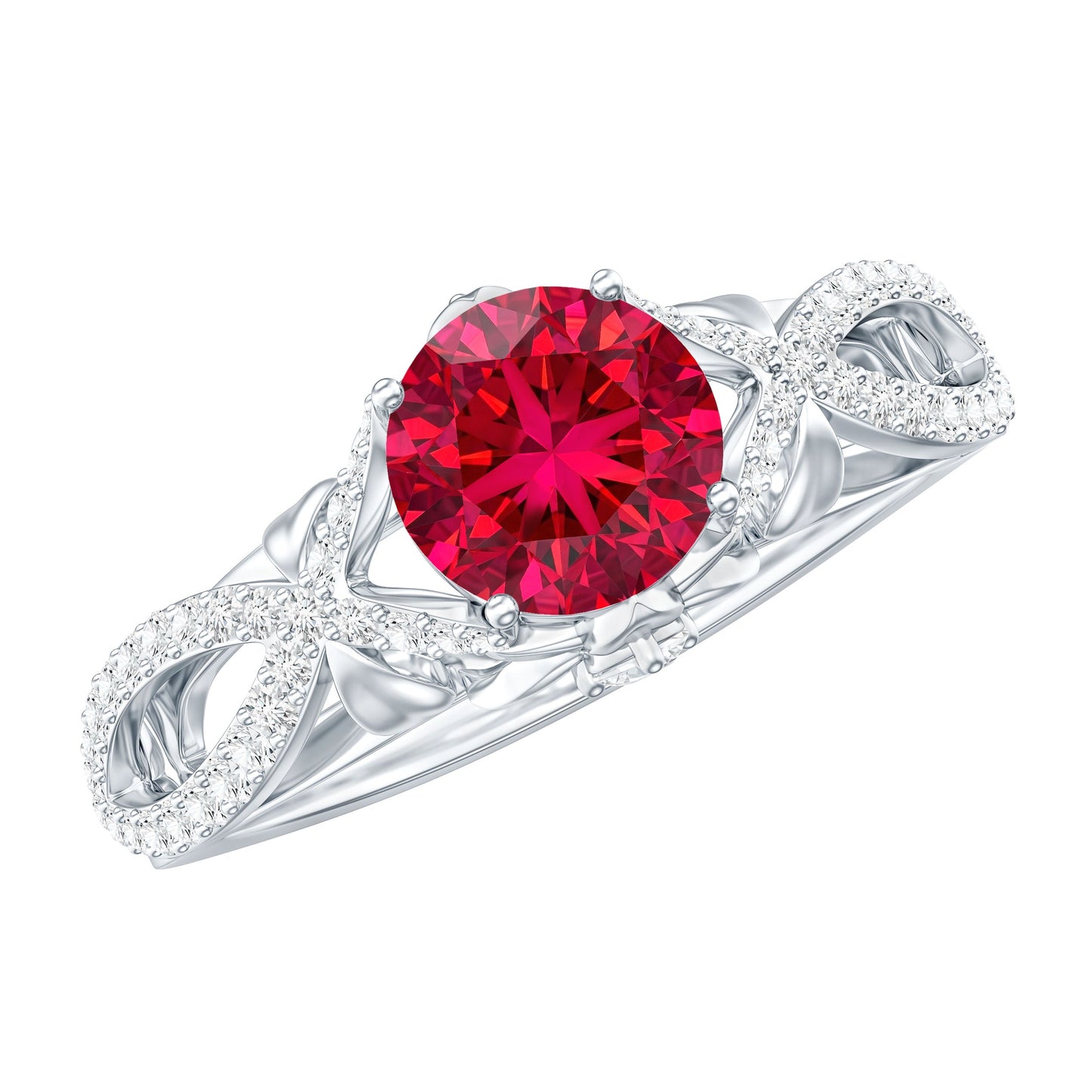 Classic Created Ruby and Diamond Crossover Engagement Ring with Diamond