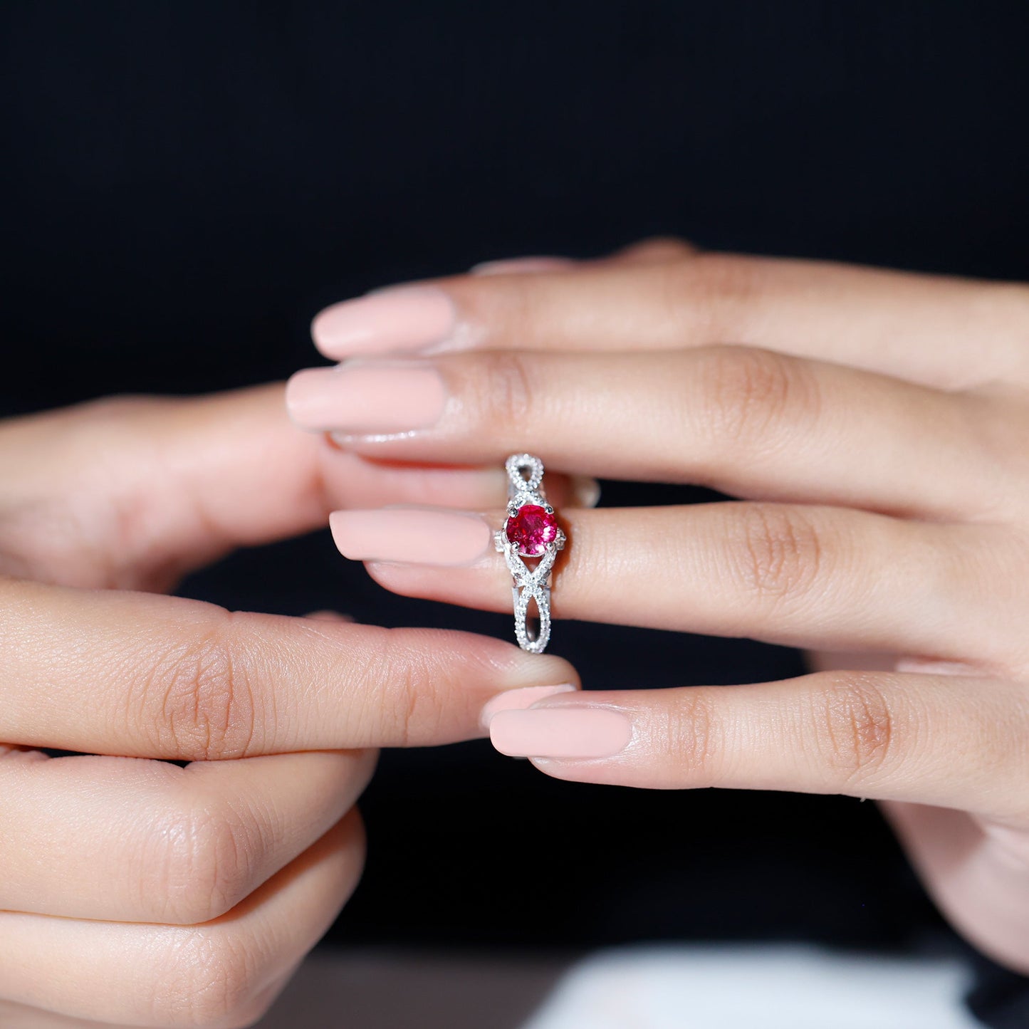 Classic Created Ruby and Diamond Crossover Engagement Ring with Diamond