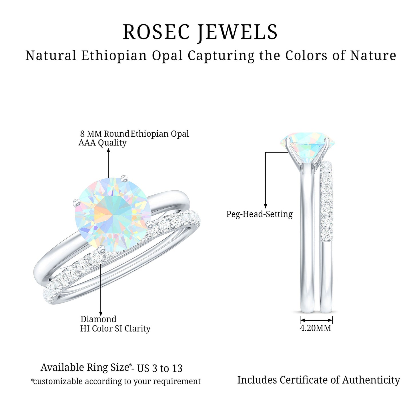 Natural 2 Carat Ethiopian Opal Diamond Solitaire Engagement Wedding Ring Set