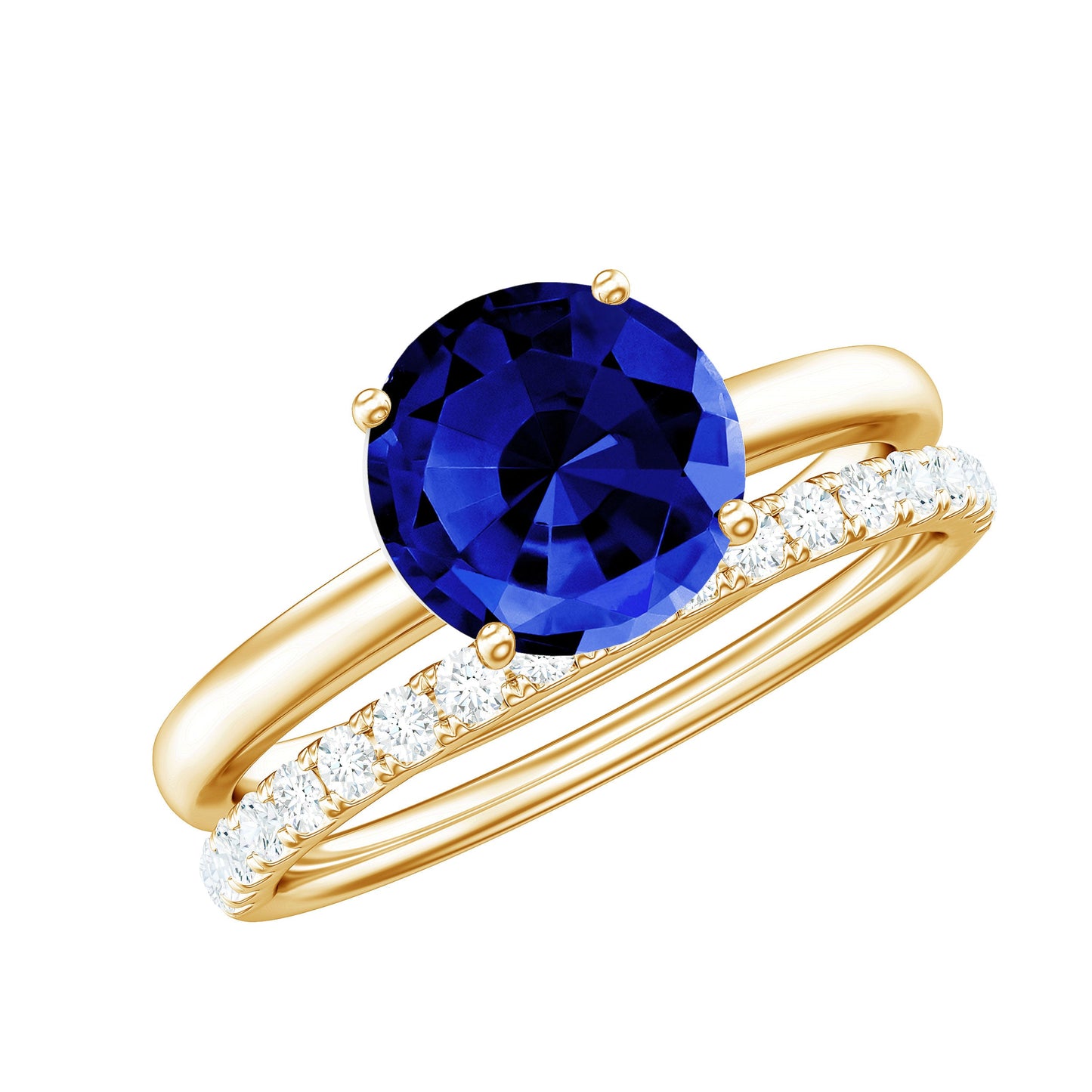 2.7 Carat Round Shape Lab Created Blue Sapphire Solitaire Wedding Ring Set with Diamond Band