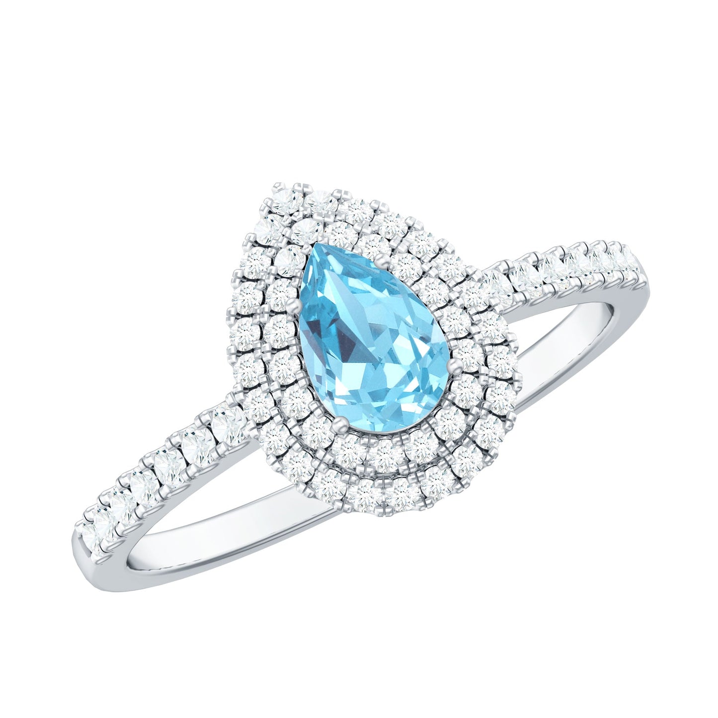 Classic Aquamarine and Diamond Teardrop Engagement Ring with Double Halo