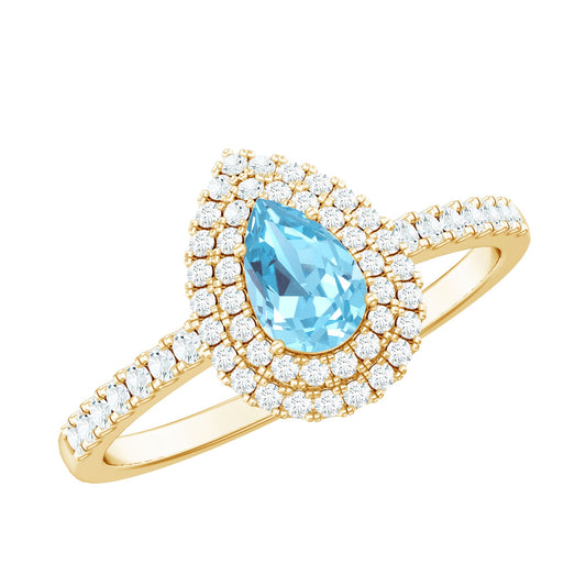 Classic Aquamarine and Diamond Teardrop Engagement Ring with Double Halo