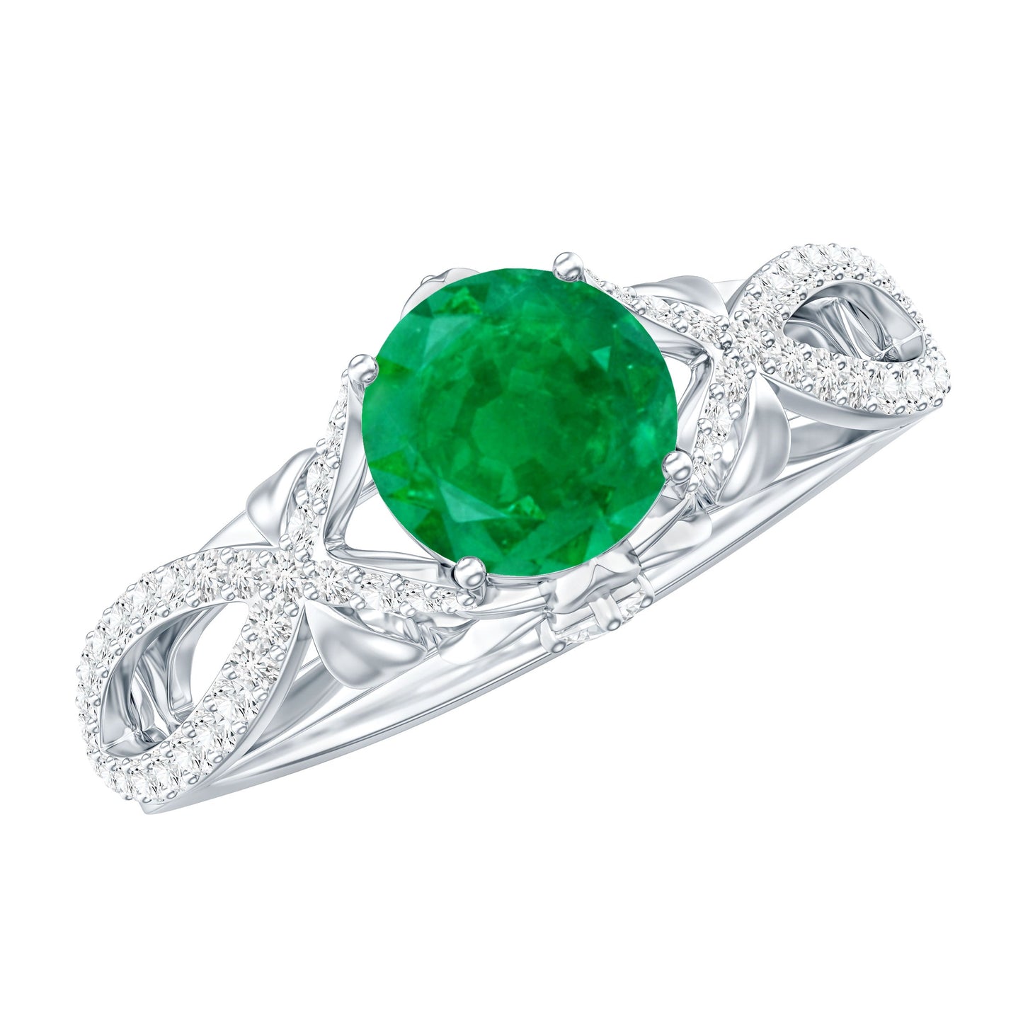 Designer Emerald Crossover Engagement Ring with Diamond
