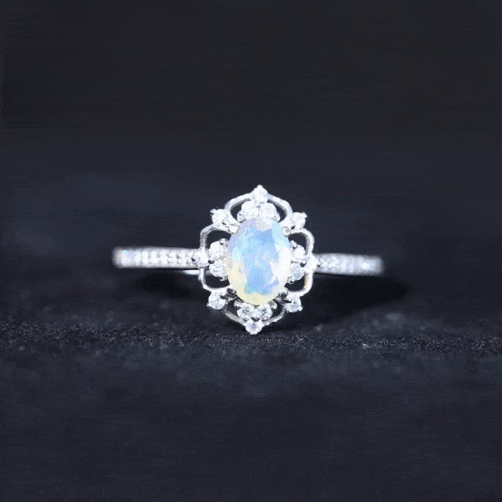 Natural Oval Ethiopian Rainbow Opal Vintage Looking Engagement Ring with Diamond