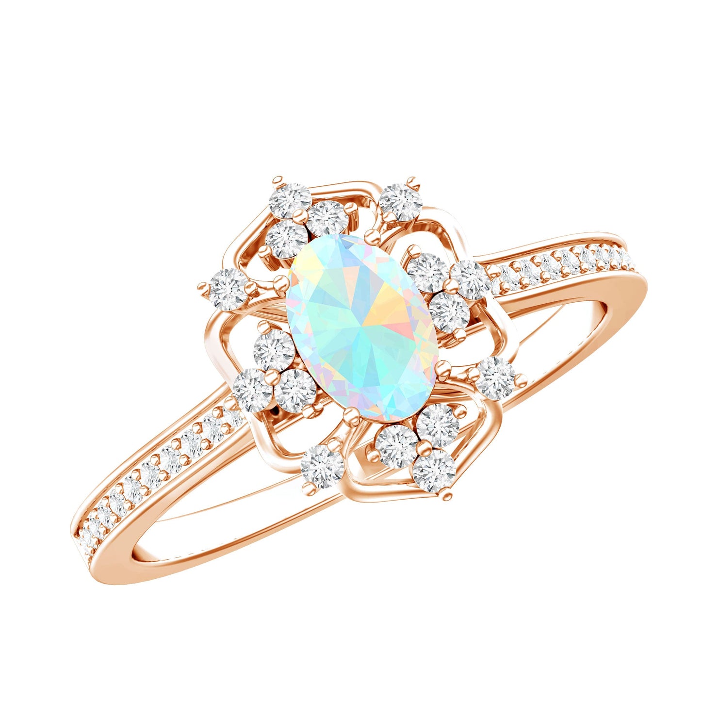 Natural Oval Ethiopian Rainbow Opal Vintage Looking Engagement Ring with Diamond