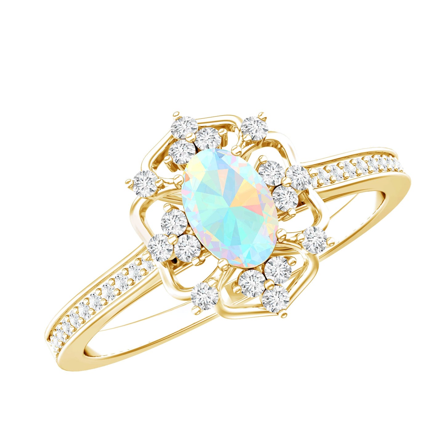 Natural Oval Ethiopian Rainbow Opal Vintage Looking Engagement Ring with Diamond