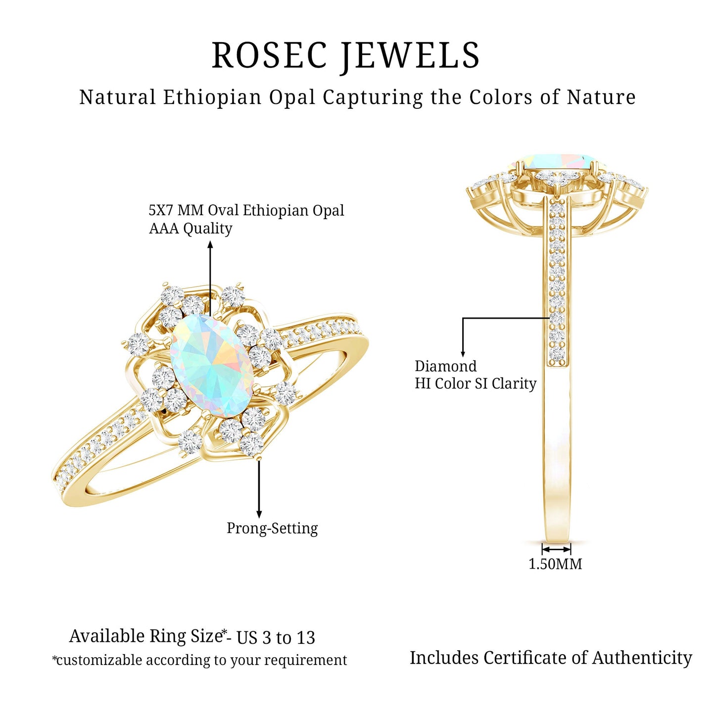 Natural Oval Ethiopian Rainbow Opal Vintage Looking Engagement Ring with Diamond