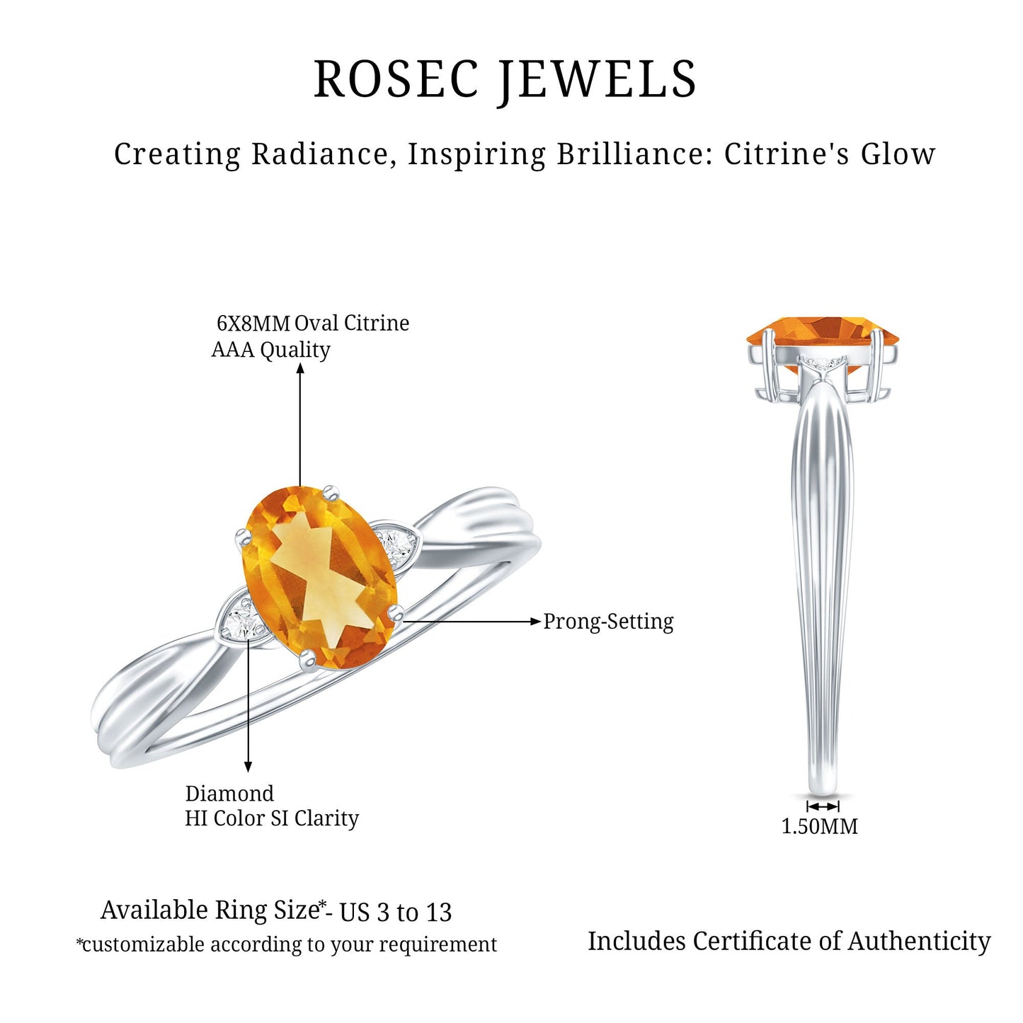 1 Carat Oval Cut Citrine Solitaire Engagement Ring with Diamond