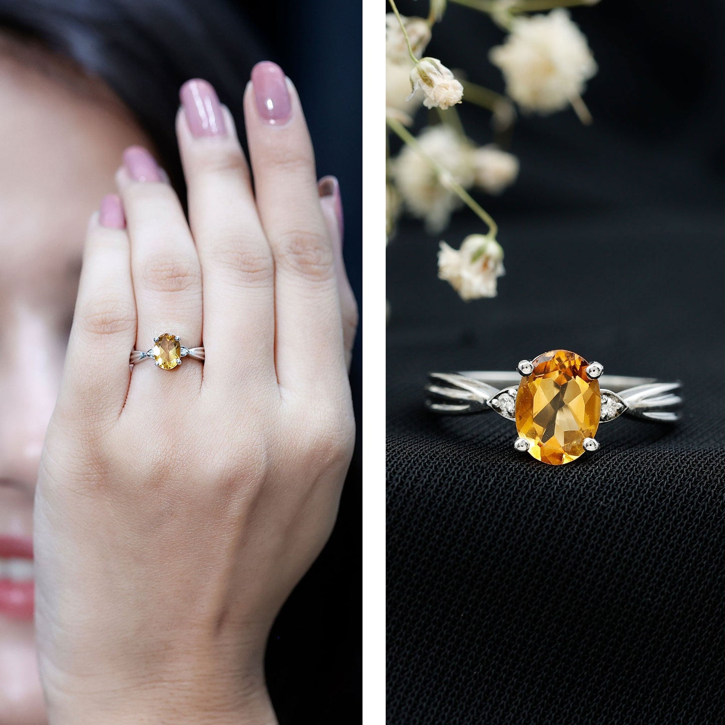 1 Carat Oval Cut Citrine Solitaire Engagement Ring with Diamond