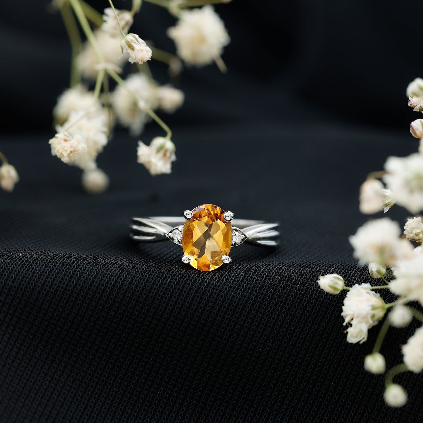 1 Carat Oval Cut Citrine Solitaire Engagement Ring with Diamond