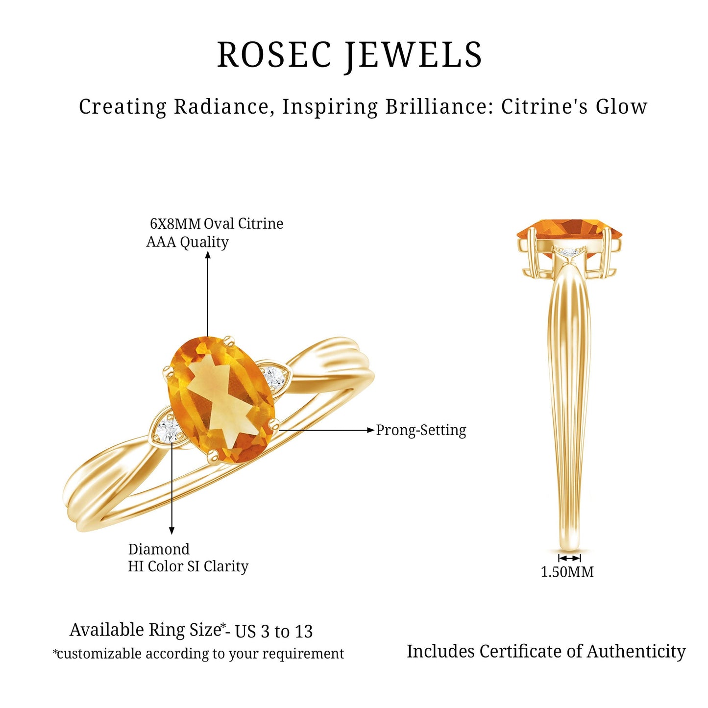 1 Carat Oval Cut Citrine Solitaire Engagement Ring with Diamond
