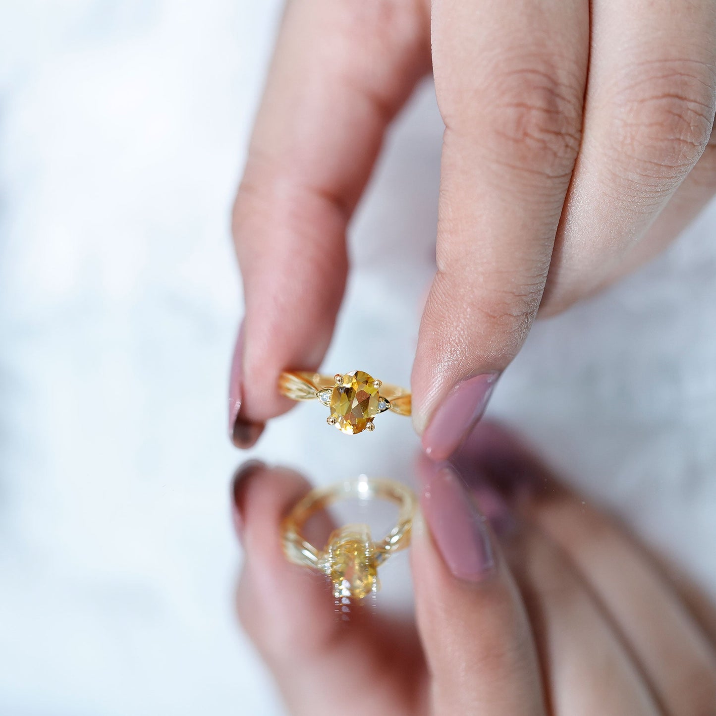 1 Carat Oval Cut Citrine Solitaire Engagement Ring with Diamond