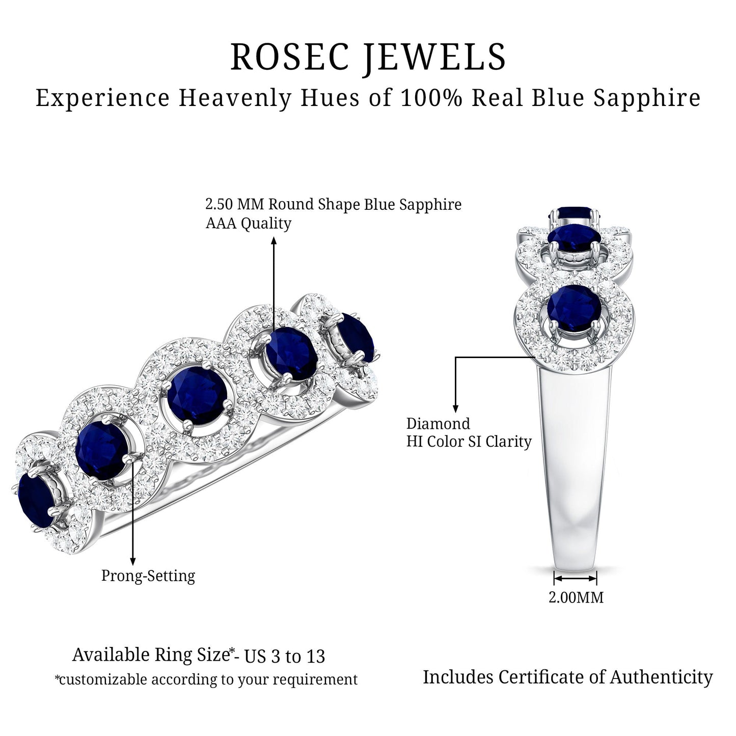 Classic Blue Sapphire Half Eternity Anniversary Ring with Diamond