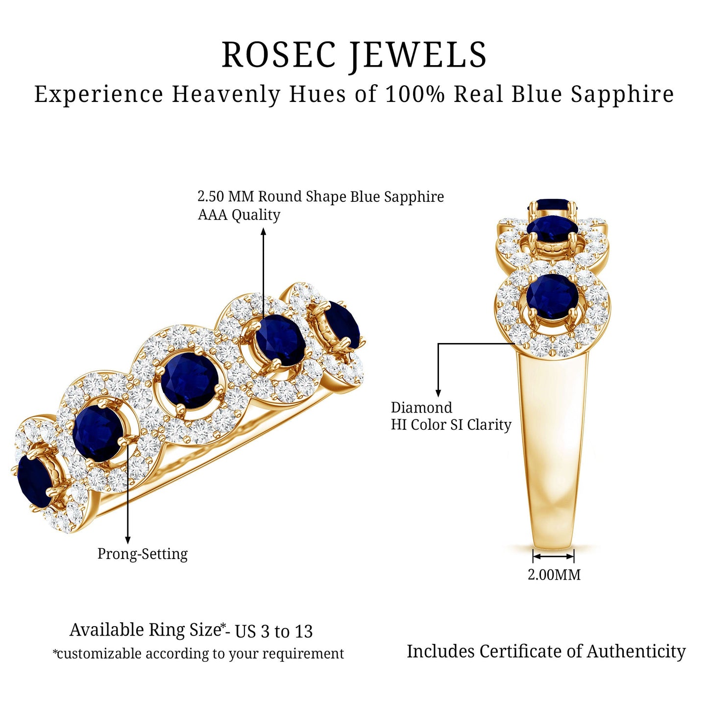Classic Blue Sapphire Half Eternity Anniversary Ring with Diamond