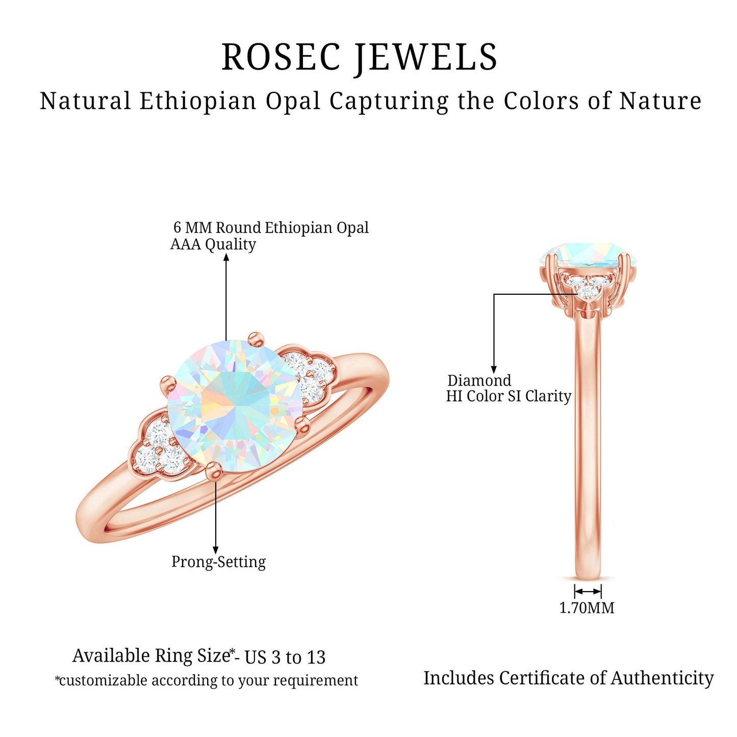 Natural Ethiopian Opal Engagement Ring with Diamond Trio
