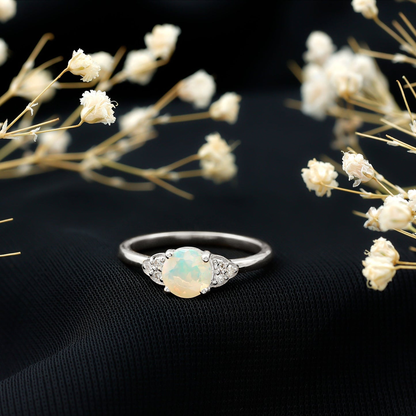 Natural Ethiopian Opal Engagement Ring with Diamond Trio