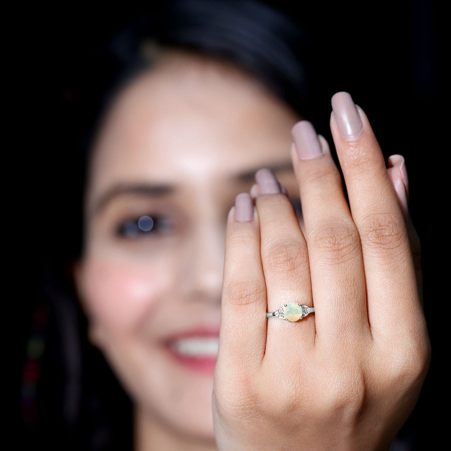 Natural Ethiopian Opal Engagement Ring with Diamond Trio