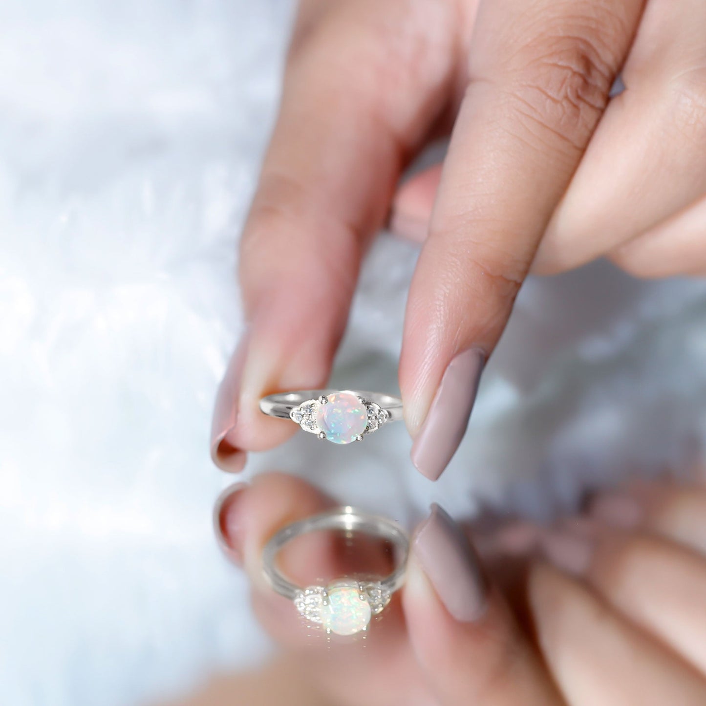 Natural Ethiopian Opal Engagement Ring with Diamond Trio