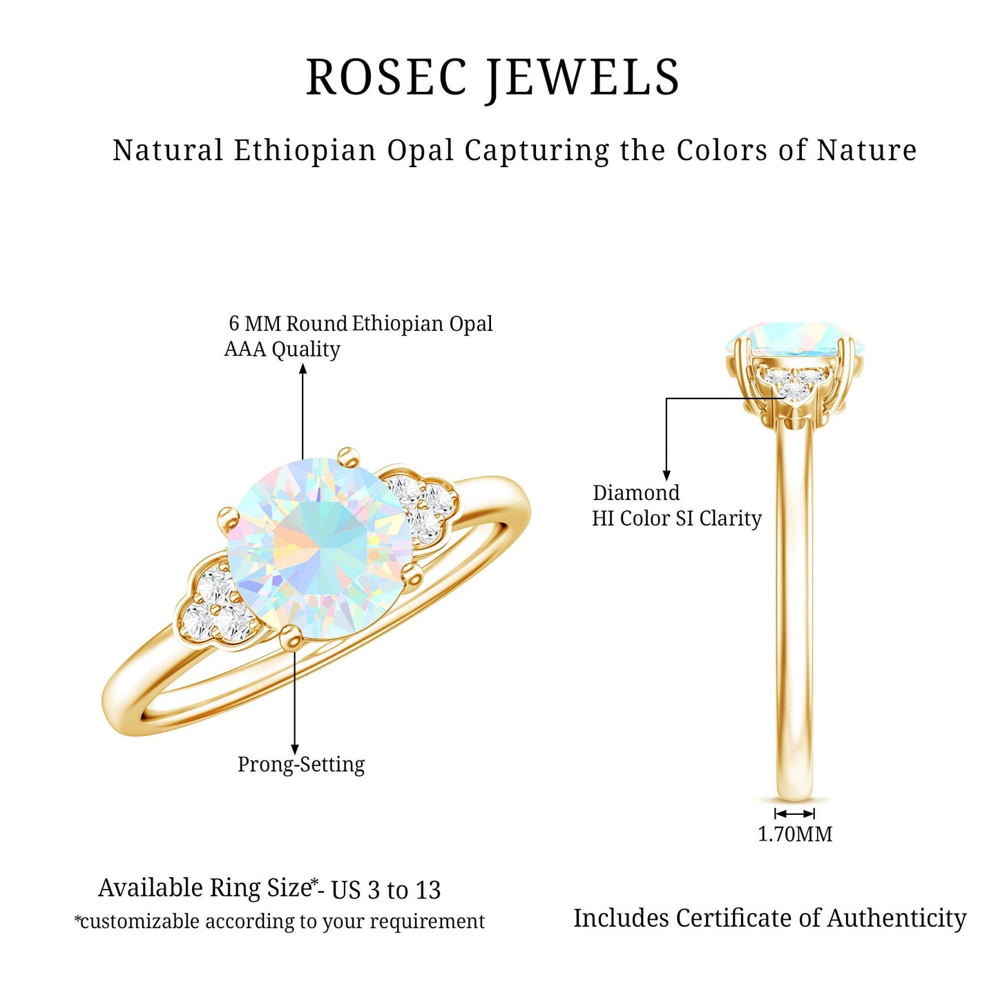 Natural Ethiopian Opal Engagement Ring with Diamond Trio