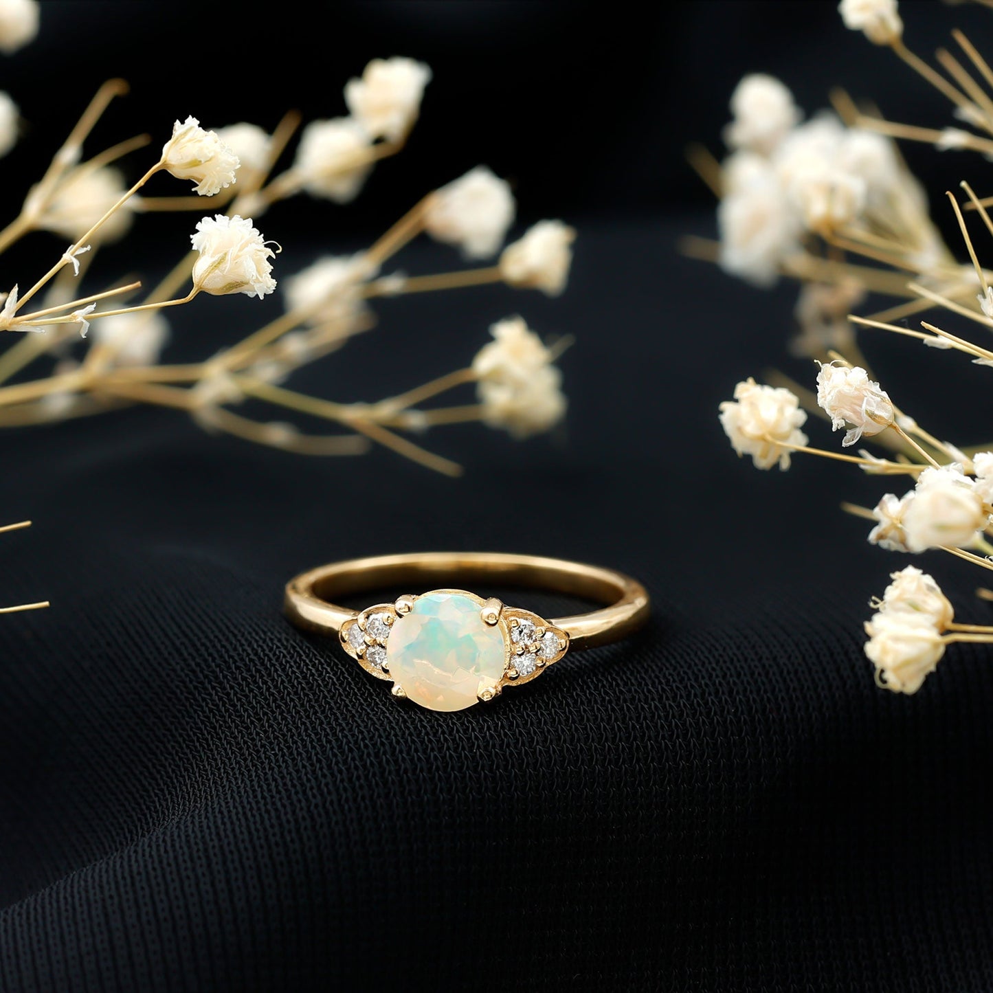 Natural Ethiopian Opal Engagement Ring with Diamond Trio