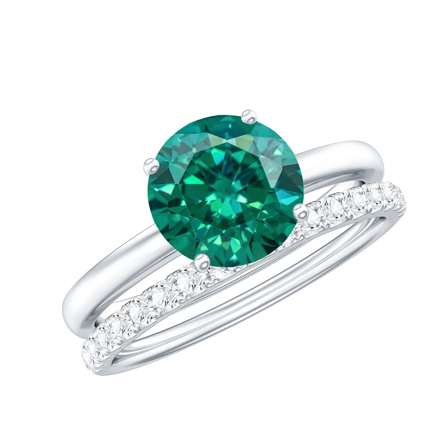 Certified Solitaire Lab Grown Emerald Engagement Ring with Diamond Wedding Band