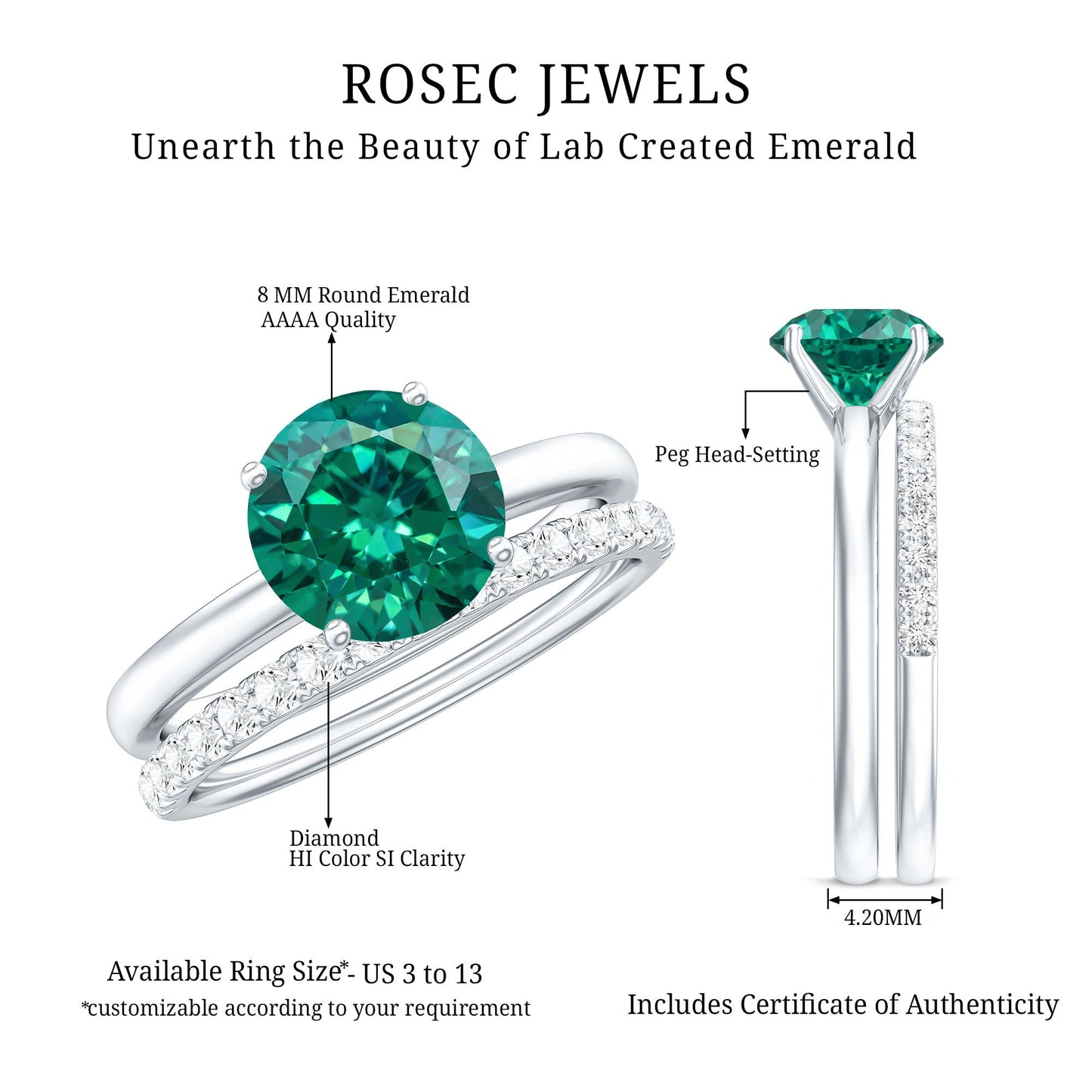 Certified Solitaire Lab Grown Emerald Engagement Ring with Diamond Wedding Band