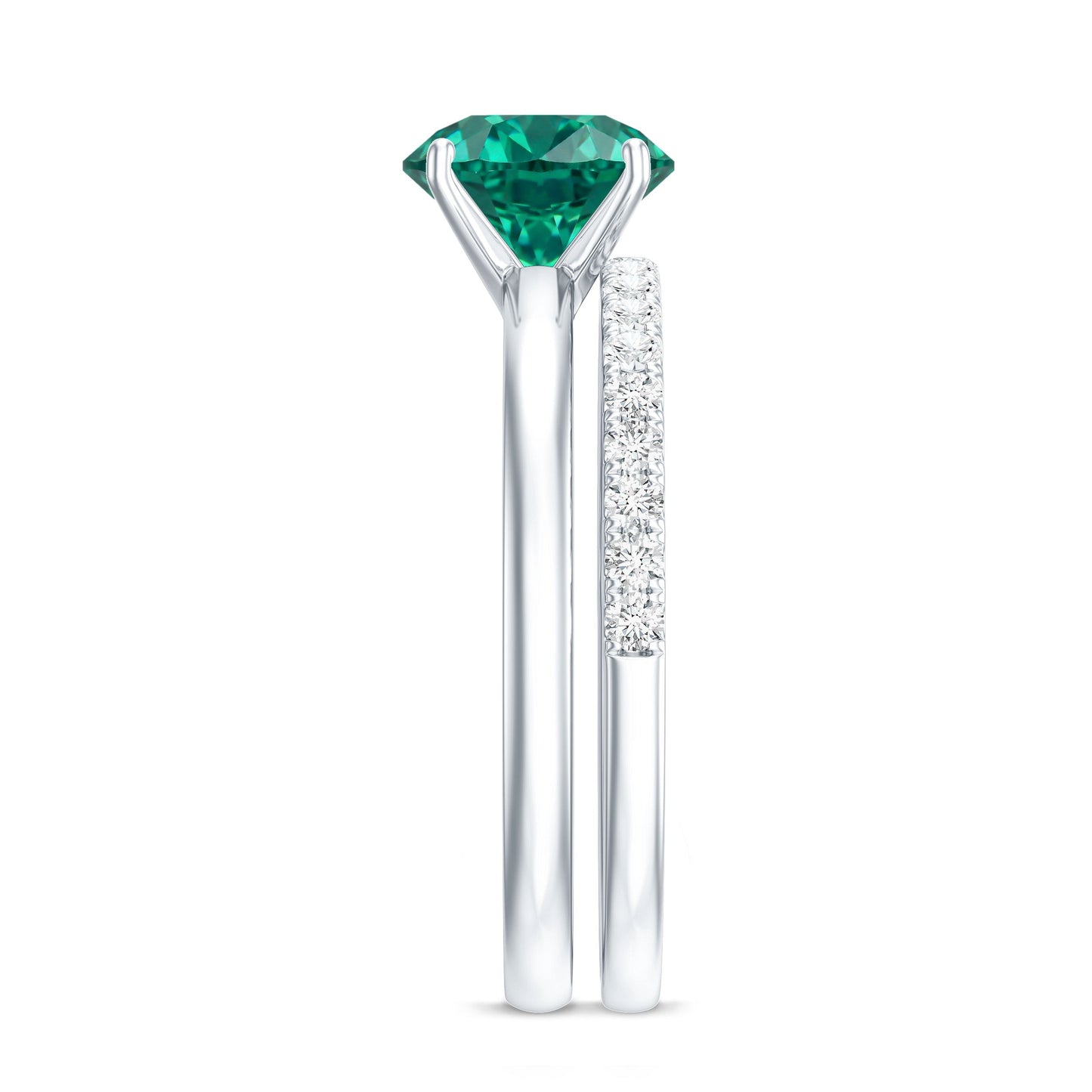 Certified Solitaire Lab Grown Emerald Engagement Ring with Diamond Wedding Band