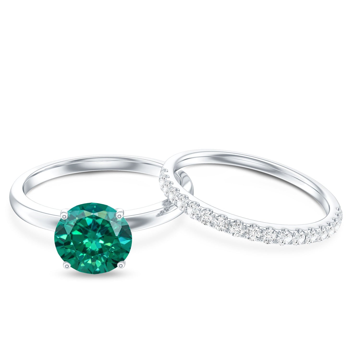 Certified Solitaire Lab Grown Emerald Engagement Ring with Diamond Wedding Band