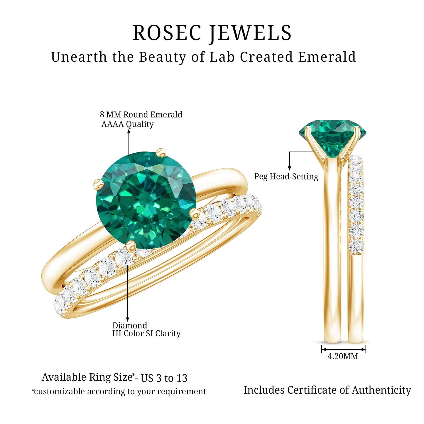 Certified Solitaire Lab Grown Emerald Engagement Ring with Diamond Wedding Band