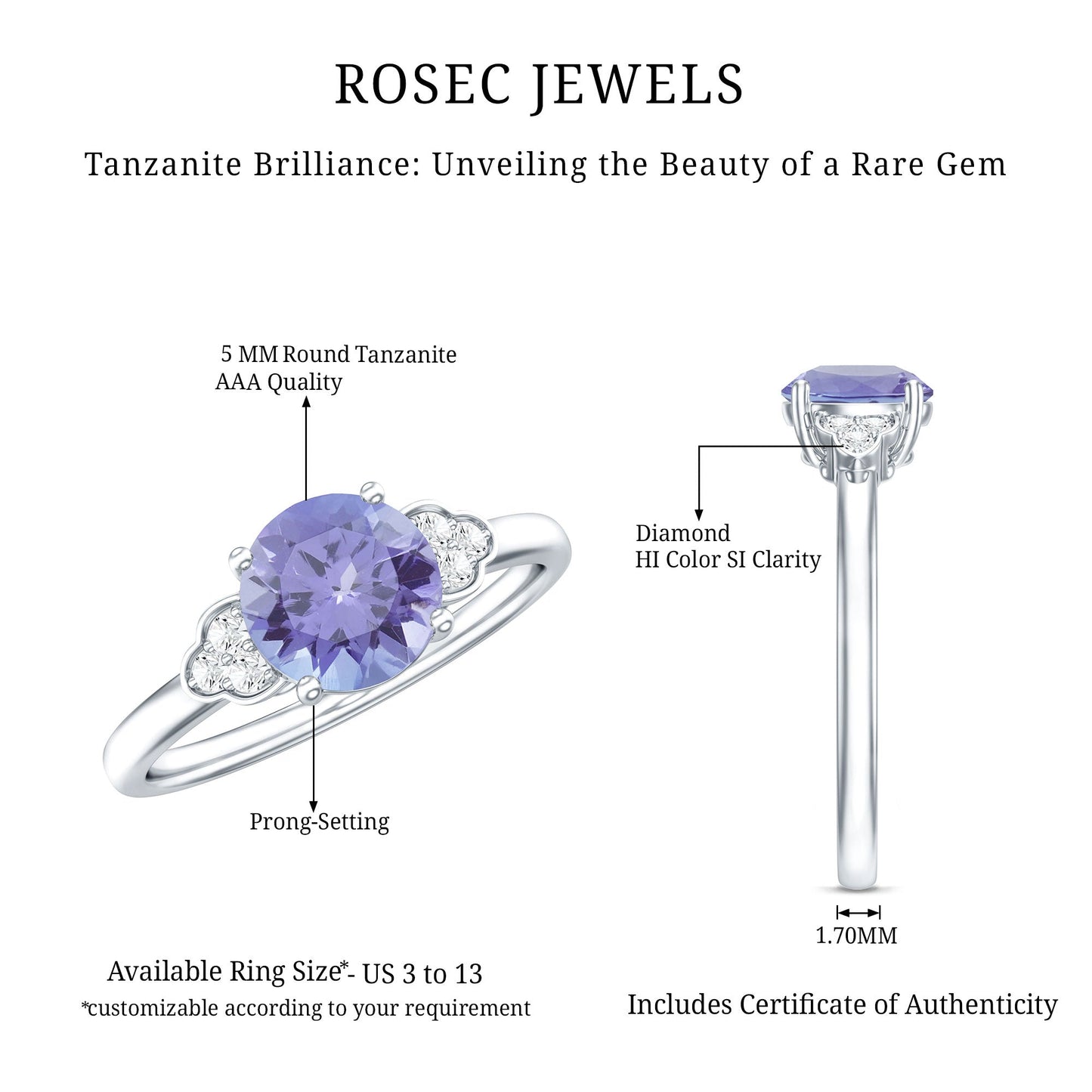 Natural Tanzanite Engagement Ring with Trio of Diamond